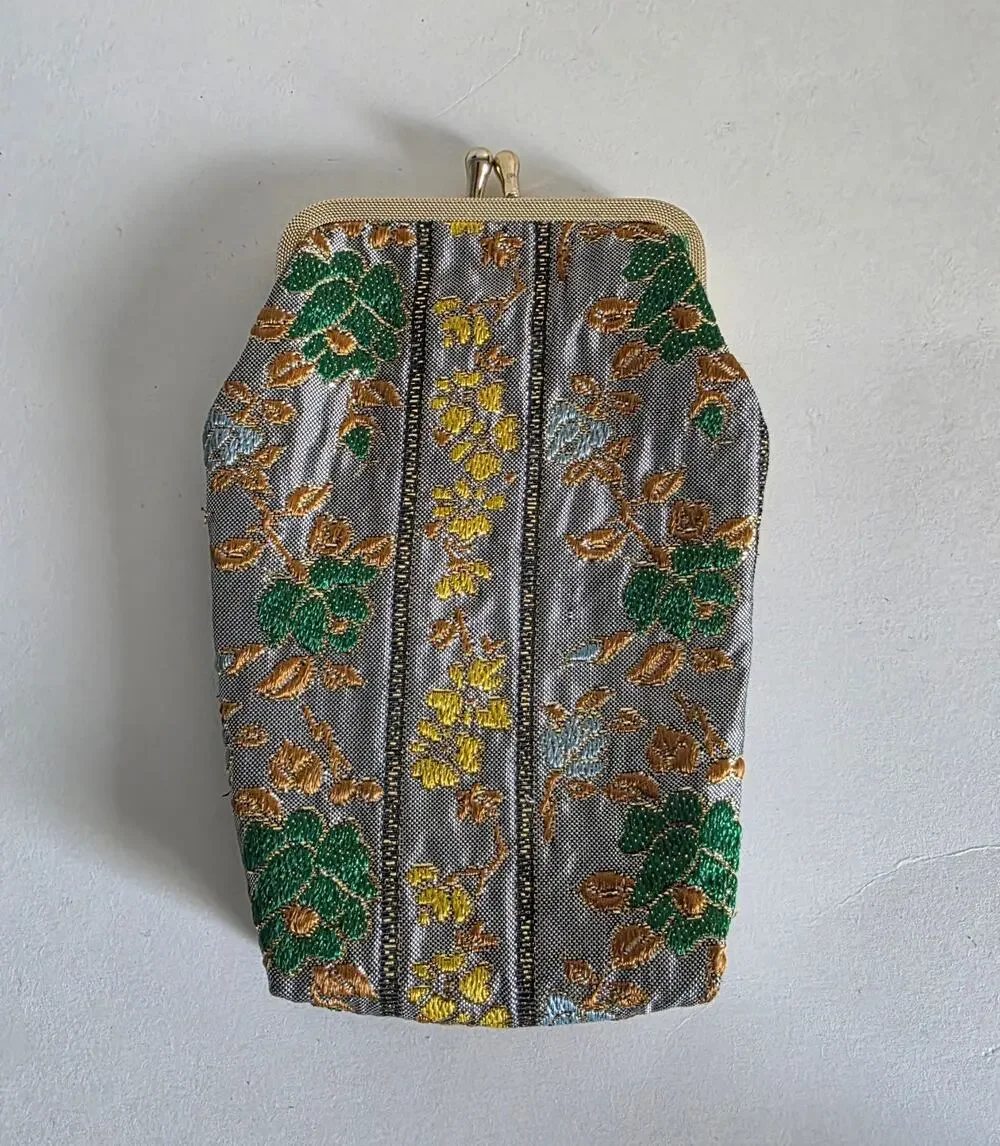 Vintage Asian Brocade Kiss Lock Coin Purse Floral Gray Gold Green 5x3.5